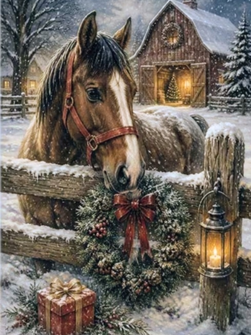 Holiday Horse Winter Wreath Canvas Art Print - Brown